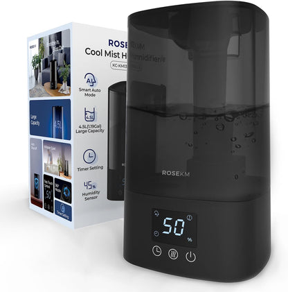 ROSEKM Automatic Humidifiers for Bedroom Large Room, 4.5L Cool Mist Humidifier for Home & Plant with Timer & Humidity Sensor, Last Up to 18H on High Setting, Auto Shut-Off, 360° Nozzle (Black)