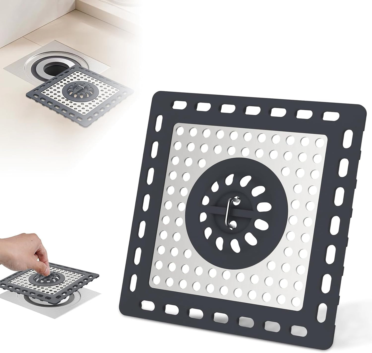 Hibbent Upgraded Shower Drain Hair Catcher for Bathroom Floor 4" Drain, Anti-Clogging Shower Drain Cover, Stainless Steel & Silicone Drain Strainer with Handle, Shower Drain Protector, Grey