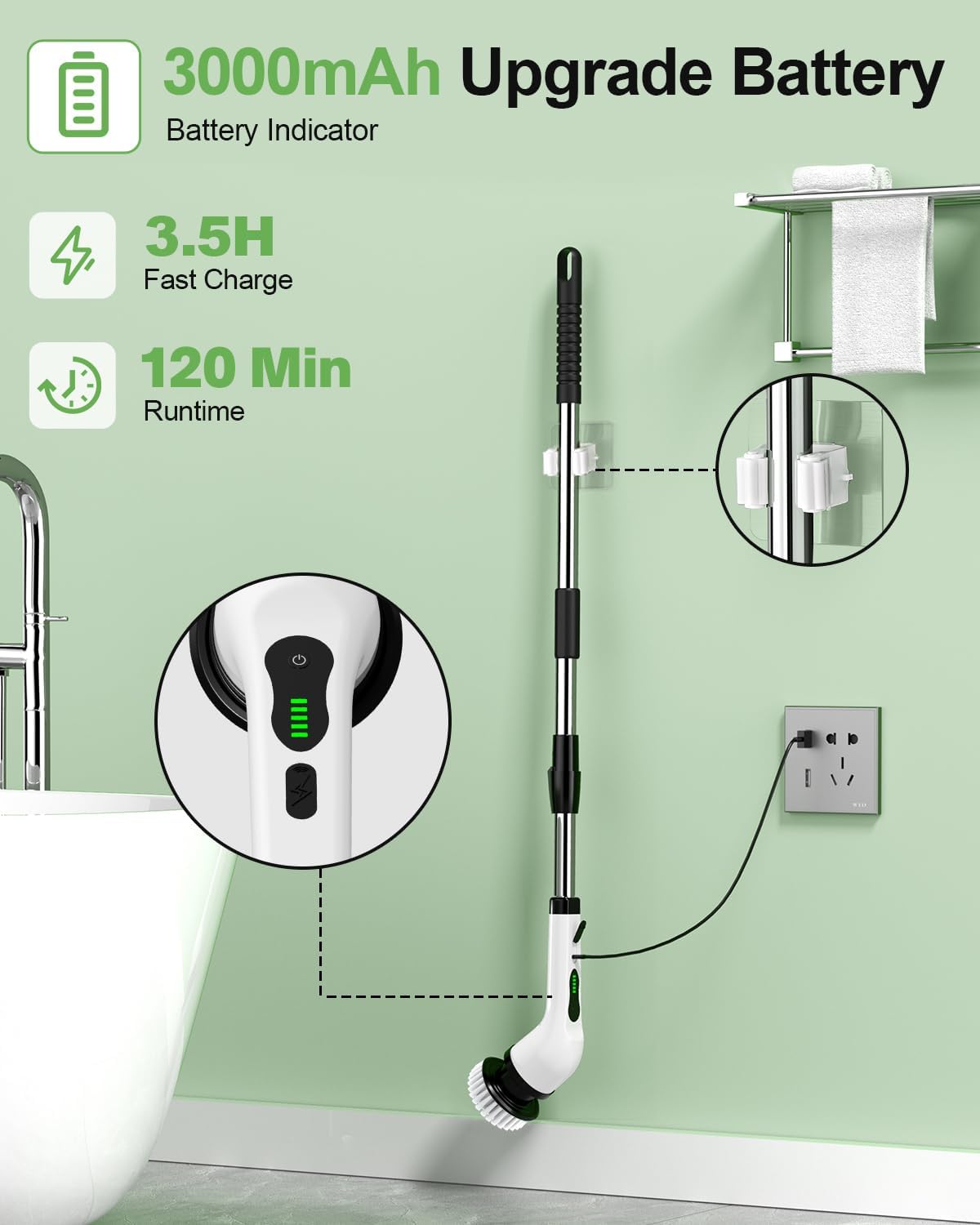 Cordless Electric Spin Scrubber, 8-in-1 Bathroom Cleaner | Bathroom scrubber, LED display, dual speeds, IPX7 waterproof, interchangeable heads for grout, tub, shower, wet-dry vacuum