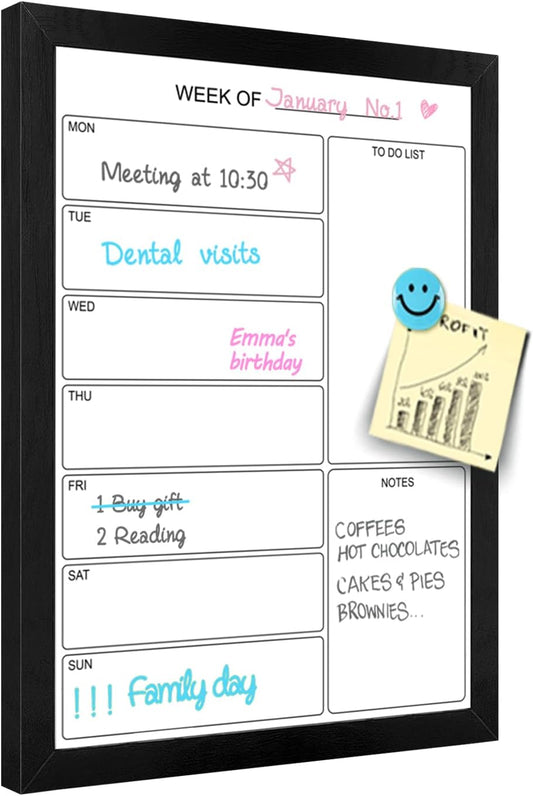 Weekly Dry Erase Whiteboard Calendar, 15.7"x11.8" Magnetic Surface Memo Board, Minimal Design Weekly Planner for Wall, Black Wood Frame Dry Erase Board for Office School Home(ZLBB-S-BK-2636)