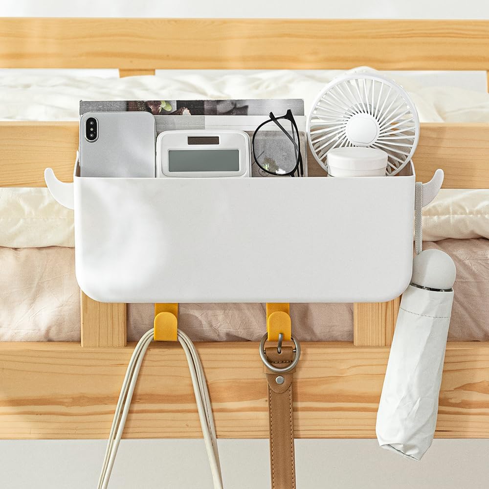 Poeland Hanging Storage Basket with Hooks, Bedside Organizer Shelf, Bunk Bed Storage Caddy Holder for Remote, Phone, Glasses, Bottle in Dorm, Bedroom, Bathroom, Camper, Rv, Loft Bed