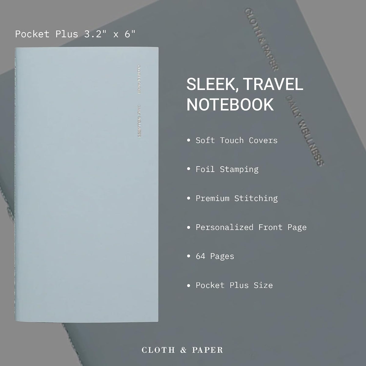 Cloth & Paper Travel Notebook | Daily Wellness Planner – Smoked Salt | Pocket Plus Wellness Planner 3.2" x 6" | Habit Tracker & Self Care Journal for Goals, Gratitude & Reflection – Soft Touch Cover