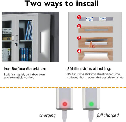 Wireless Motion Sensor Cabinet Lights 10-LED USB Rechargeable Closet Lights LED Under Cabinet Lighting for Wardrobe/Drawer/Stairs/Cupboard/Counter/Pantry/Stairs,Stick On Anywhere,2 Pack,White Light