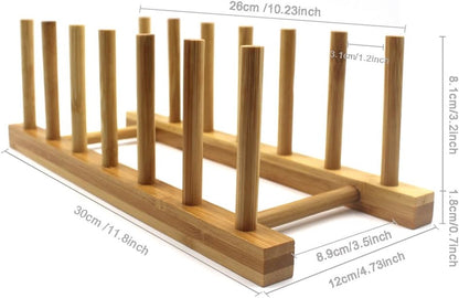 INNERNEED Bamboo Wooden Dish Rack, Vertical Plate & Lid Organizer | for Kitchen Cabinet or Countertop, Drying Stand for Dishes, Cutting Boards