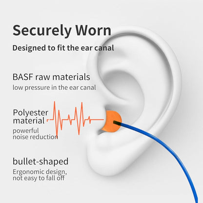 Silicone Corded Ear Plugs, 100 Pairs, SNR 32dB, Orange | Reusable noise reduction earplugs with string. Individually wrapped. For work, construction sites & industrial use.