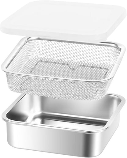 Stainless Steel Food Container with Strainer Colander Set Fridge Organizer Bin Multifunctional Kitchen Drain Basket for Lettuce Fruits, Vegetables, 1500ml