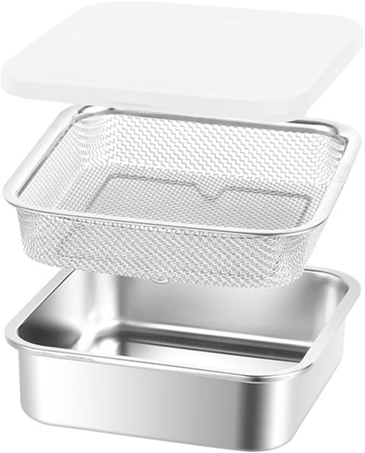 Stainless Steel Food Container with Strainer Colander Set Fridge Organizer Bin Multifunctional Kitchen Drain Basket for Lettuce Fruits, Vegetables, 1500ml
