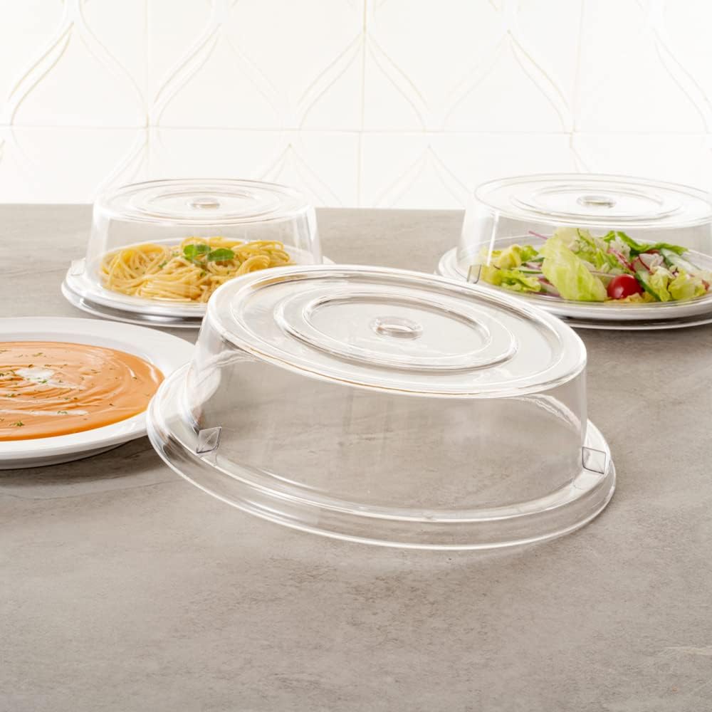 Restaurantware Cater Tek 11 Inch Polycarbonate Plate Cover 1 Shatterproof Dish Cover - Microwavable Endures Up To 210F Clear Plastic Splatter Cover With Finger Hole For 11 Inch Plates