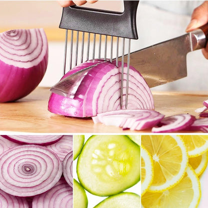 Onion Holder for Slicing, Upgrade Stainless Steel Onion Slicer Holder Cutter, Lemon Slicer Vegetable Cutter, Chopper Slicing Assistant Tool for Meat, Potato, Tomato Kitchen Tools (1)