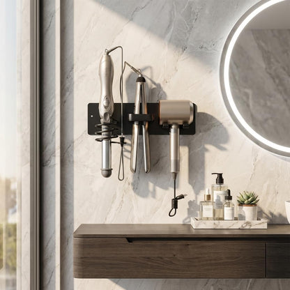 Universal Hair Dryer Holder, Self Adhesive Wall Mount, White | Universal storage rack fits most brand blow dryers, ideal for bathroom organization