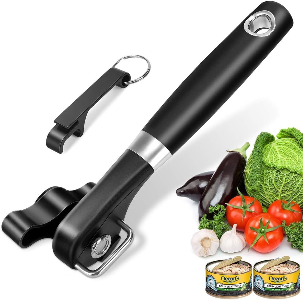 Can Opener Smooth Edge & Bottle Opener, Manual Side Safe Cut Can Opener Smooth Edge with Durable Sharp Blade, Effort-Saving Knob & Comfortable Non-slip Handle, (2-Pack, Black)