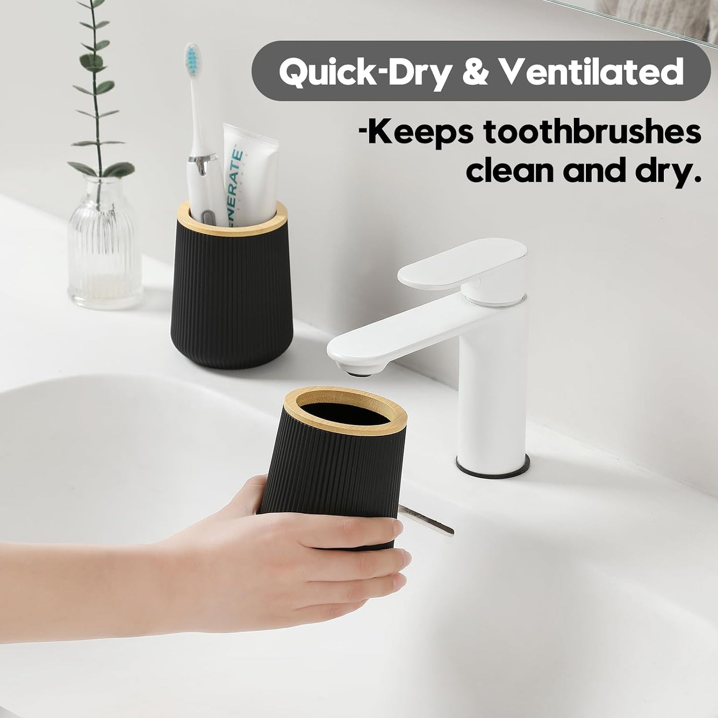 YAUKPH Black Striped Toothbrush Holder | for Electric Toothbrushes Bathroom Organizer Cup for Toothpaste Kids & Adults