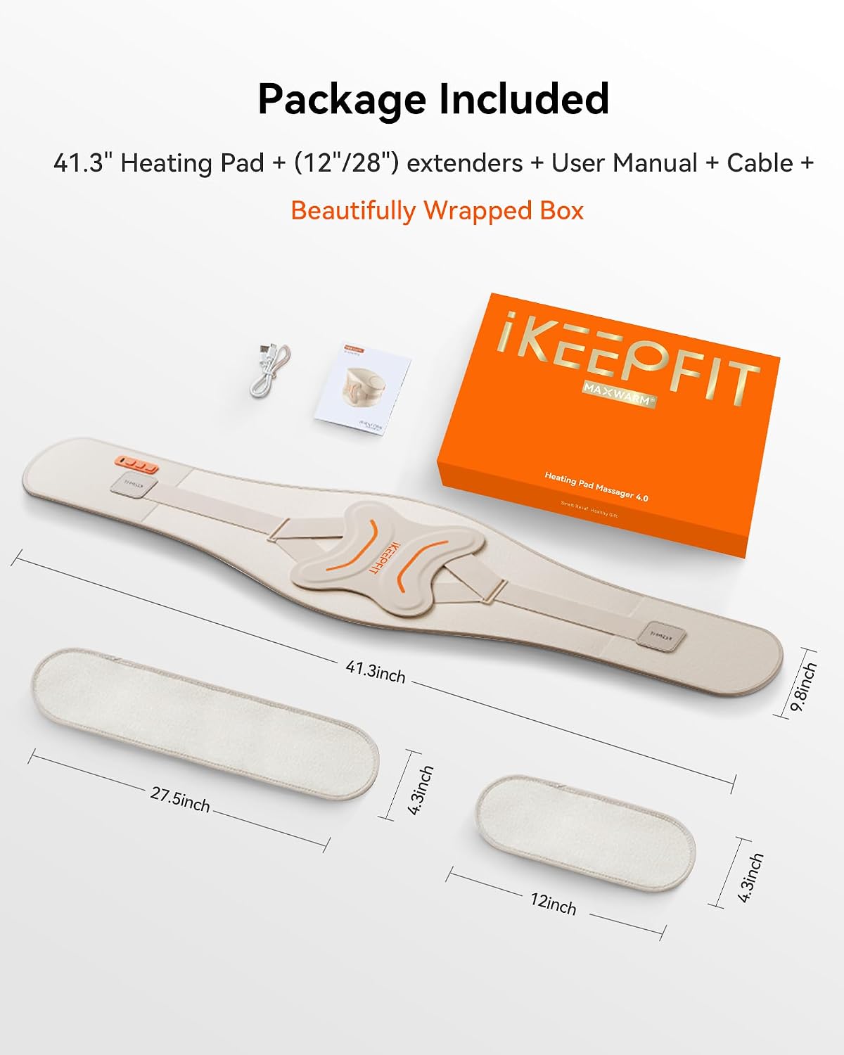 IKEEPFIT Portable Heating Pad for Back, Cordless Wearable Heat Belt with Massager for Lower Back Pain Relief, Battery Powered 8000 mAh Rechargeable, MAXwarm® 3.0, Gift for Women Men 90-310 lbs