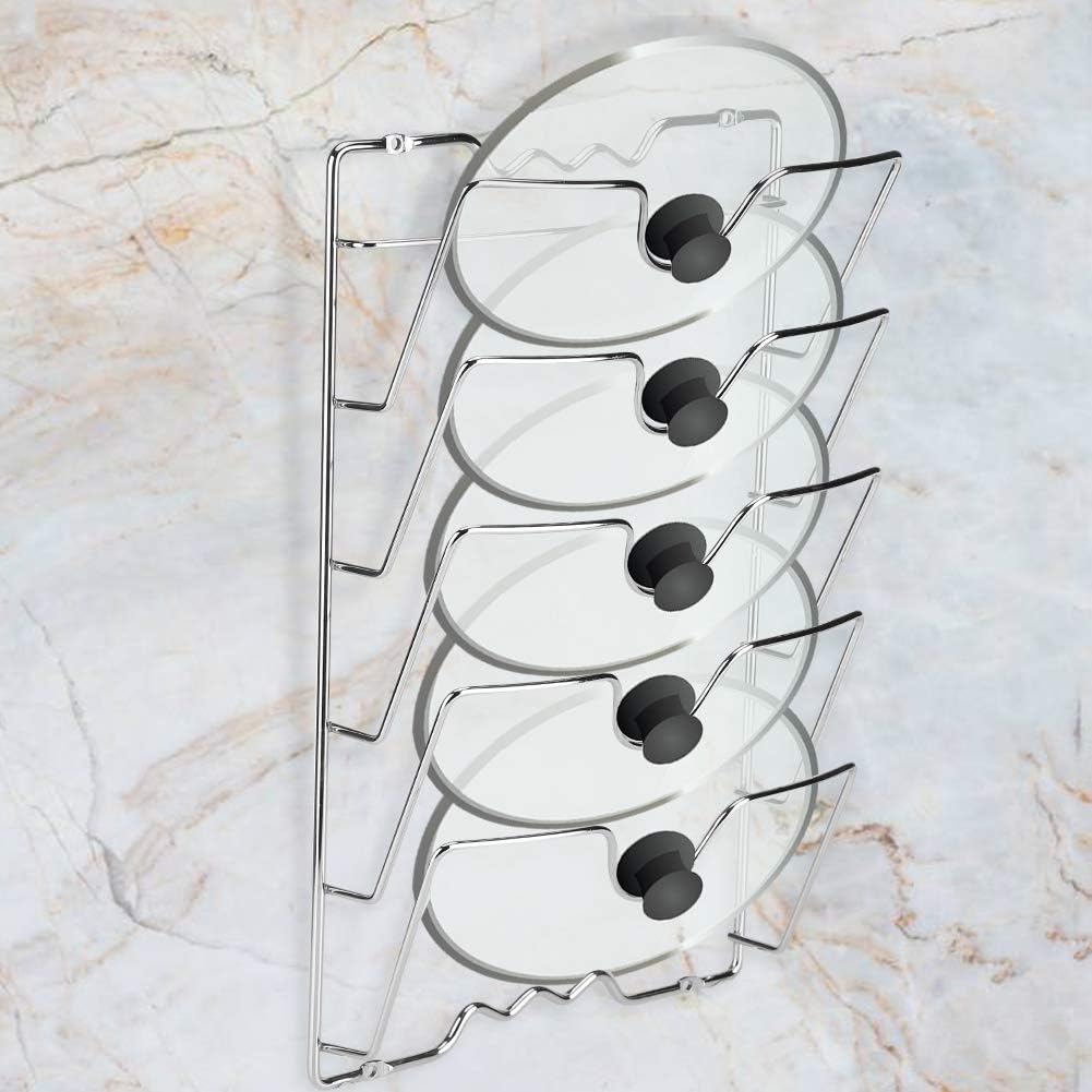 5-Tier Wall-Mount Pot Lid Rack for Kitchen – Pan Lid Organizer, Cabinet Door Storage Rack, Cookware Holder for Pots, Lids, Bakeware & Kitchen Utensils (USA)