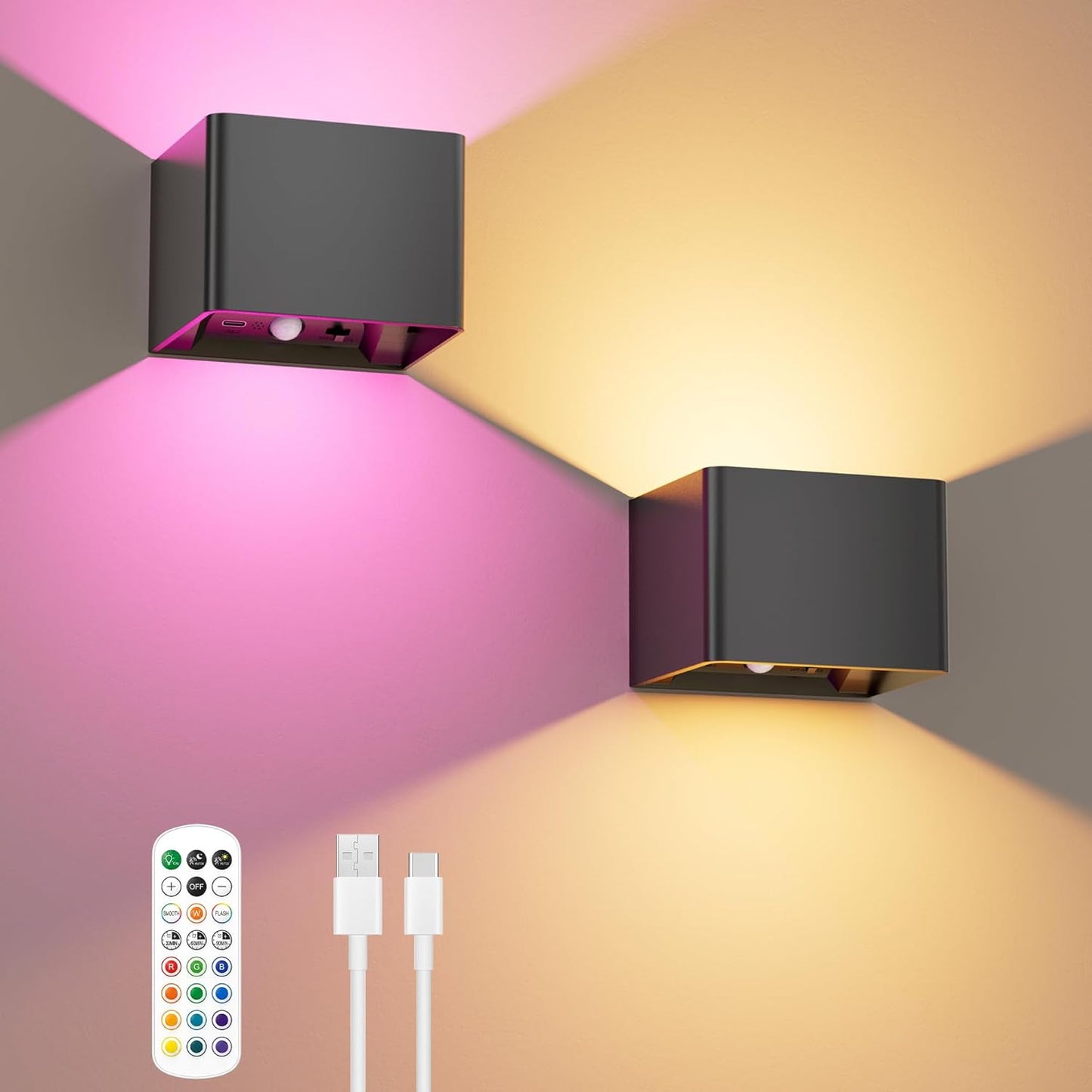 iMaihom Motion Sensor Wall Lights with Remote, 5000mAh Rechargeable Battery Operated Wall Sconces, Wireless Indoor Up Down Lights, 12 RGB Colors, Warm & Cool White for Hallway Stairs Bedroom, 2 Pack