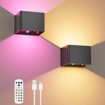 Motion Sensor Wall Lights with Remote, 5000mAh Rechargeable Battery Operated Wall Sconces, Wireless Indoor Up Down Lights, 12 RGB Colors, Warm Orange & Cool White for Hallway Stairs Bedroom, 2 Pack