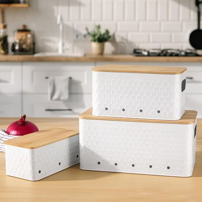 Kitchen Vegetable Storage Set of 3, Metal Onion Garlic Potato Storage Set, Kitchen Canisters Vegetable Keeper Containers with Aerating Holes and Bamboo Lid,Black