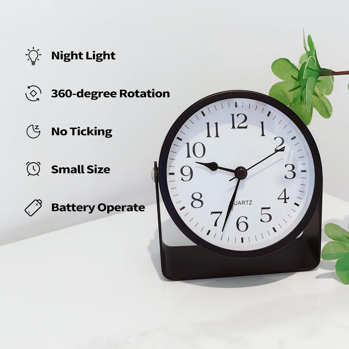 Desk Alarm Clock, Silent Non-Ticking Battery Operated Analog, Black