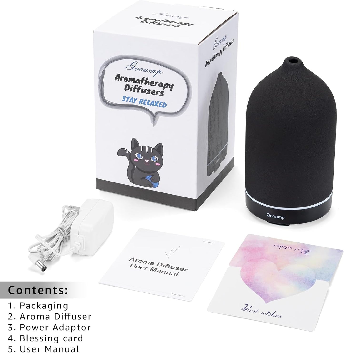 Gooamp 200ML Ceramic Essential Oil Diffuser for Home - Ultrasonic Aromatherapy Diffuser Humidifier with 7 Color LED Lights, Auto Shut-Off, 3 Timers for Bedroom, Office, Yoga, Black