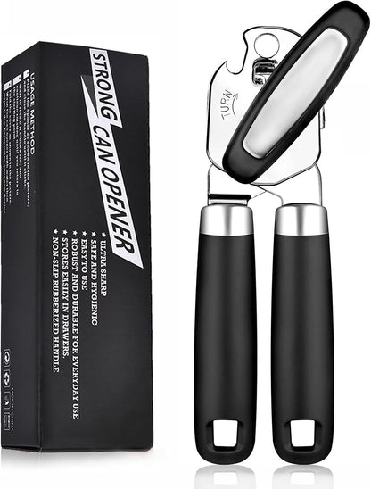 Can Opener Manual with Smooth Edge - Heavy Duty Stainless Steel Handheld Opener for Seniors, Opens Cans & Jars, Ergonomic Grip, Easy Clean (Abre Latas/Abridor de Latas)