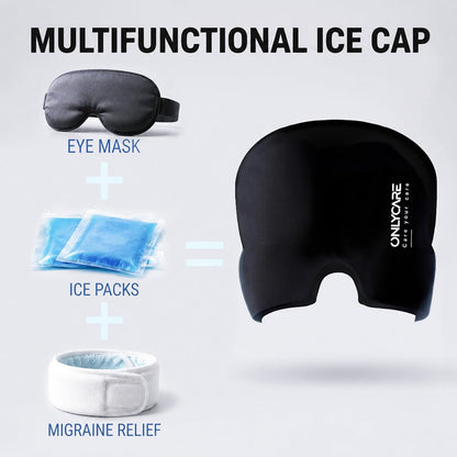ONLYCARE Migraine Relief Cap, Headache Relief Cold Cap with Odorless Gel | Cooling Hat Head Wrap Soothing Face Ice Pack Mask Products for Tension Stress Hangover & Puffy Eyes, Relaxing Gifts for Women