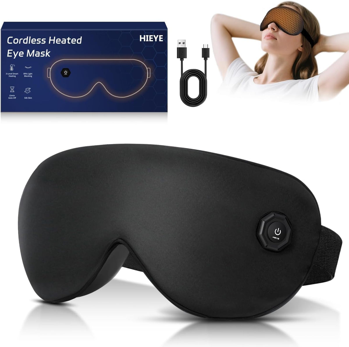 Silk Cordless Heated Eye Mask for Dry Eyes, Cordless Eye Mask Electric Warm Compress for Fast Eye Relief Rechargeable USB Heat Relax Mask for Sleep Black