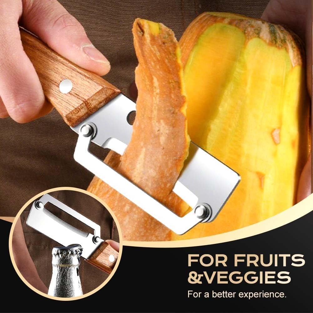 Multi-Functional Vegetable Peeler for Kitchen, 2026 New Stainless Steel Peeler with Wooden Handle and Bottle Opener, Kitchen Tool for Fruit Veggie Pumpkin, Gifts for Mom (2PCS)
