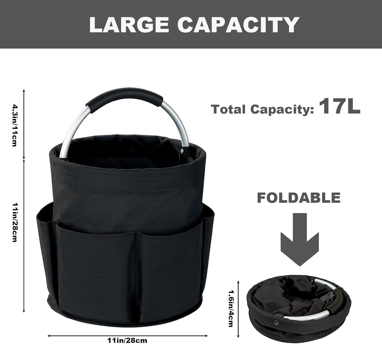 Cleaning Caddy with Handle, 17L Foldable Cleaning Supplies Organizer, Portable Storage Basket, Cleaning Supply Caddy, Multifunctional Cleaning Bucket Bag for Garden, Home, Kitchen (Black)