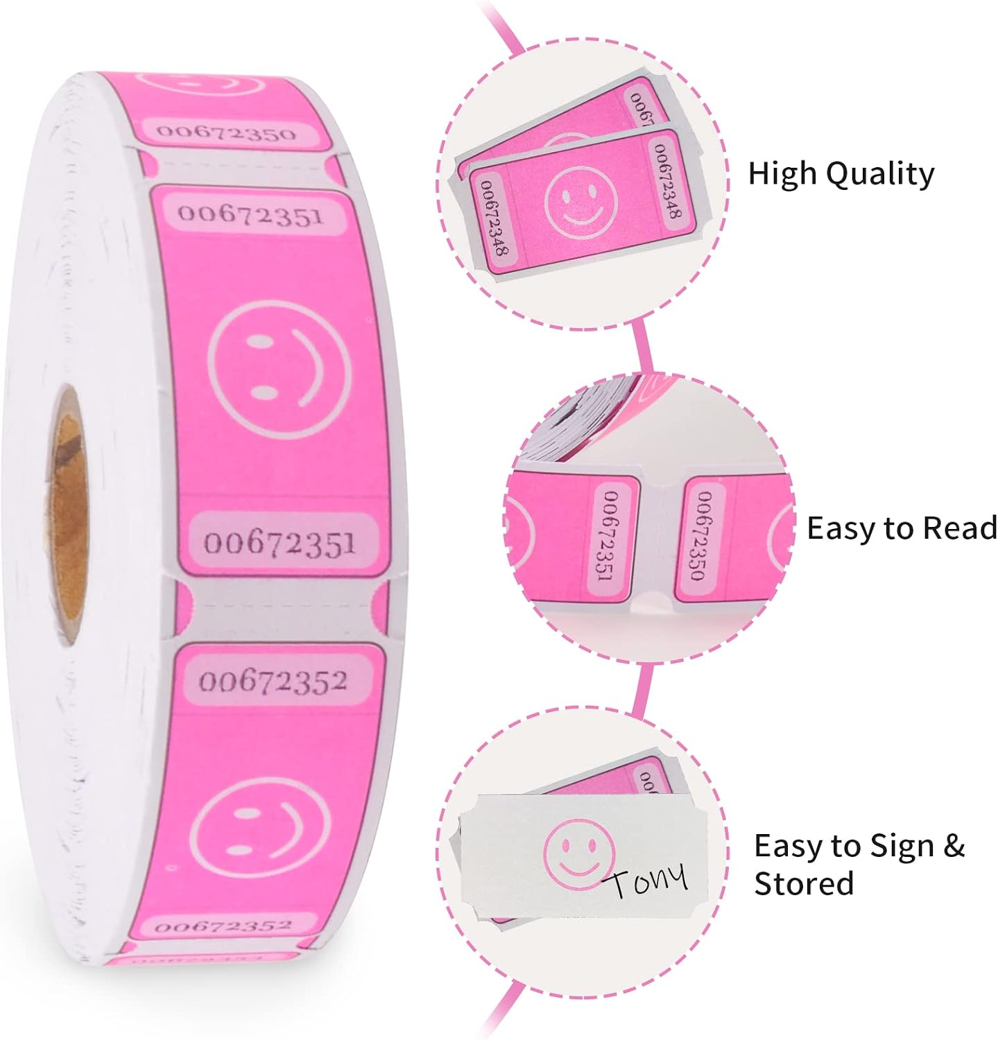 L LIKED Smile Raffle Tickets Roll 1"x2" for Events 1000 Pink | Smile Face Design, Perforated with Consecutive Numbers, Great for Entry, Class Reward & Fundraiser