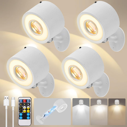 LED Wall Mounted Lights 4 Psc with Remote, 3000mAh Rechargeable Battery Operated Wall Sconces, 3 Lighting Modes & Dimmable, 360°Rotate Cordless Wall Light for Bedroom Bedside Reading Study (White)