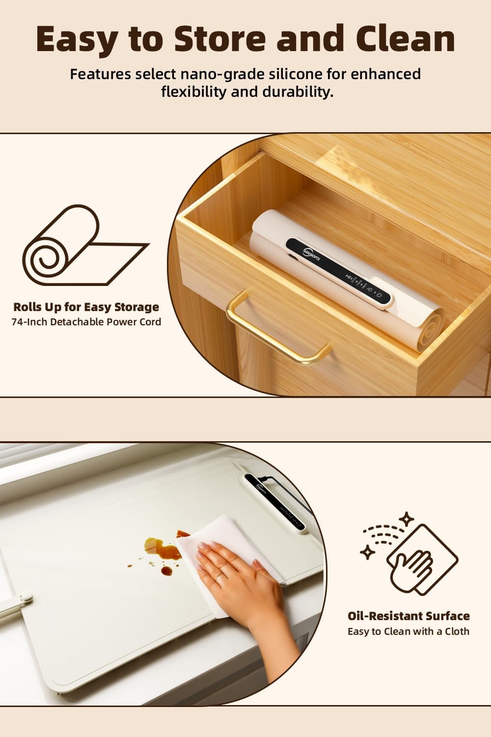 Food Warming Mat - Electric Warming Tray,Tempmaster Adjustable Warming Tray,Elevated Feet Protects Table, Roll-Up Buffet Hot Plates Heat Pad, Portable Food Warmer for Parties and Travel (Beige)
