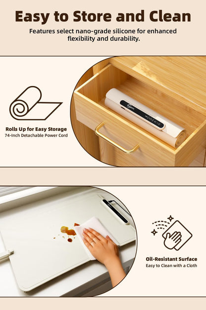 Food Warming Mat - Electric Warming Tray,Tempmaster Adjustable Warming Tray,Elevated Feet Protects Table, Roll-Up Buffet Hot Plates Heat Pad, Portable Food Warmer for Parties and Travel (Beige)