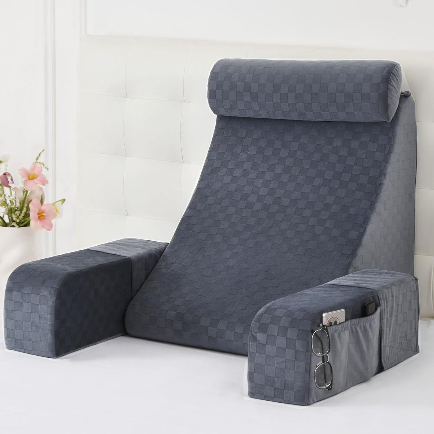 Vekkia 19'' Reading Pillow for Adults with XL Side Pockets, Adjustable Arms | 45° Back Support Chair for Sitting in Bed, Washable Cover, Perfect for Gaming, Watching TV, Relaxing, or Recovery, Gift Idea