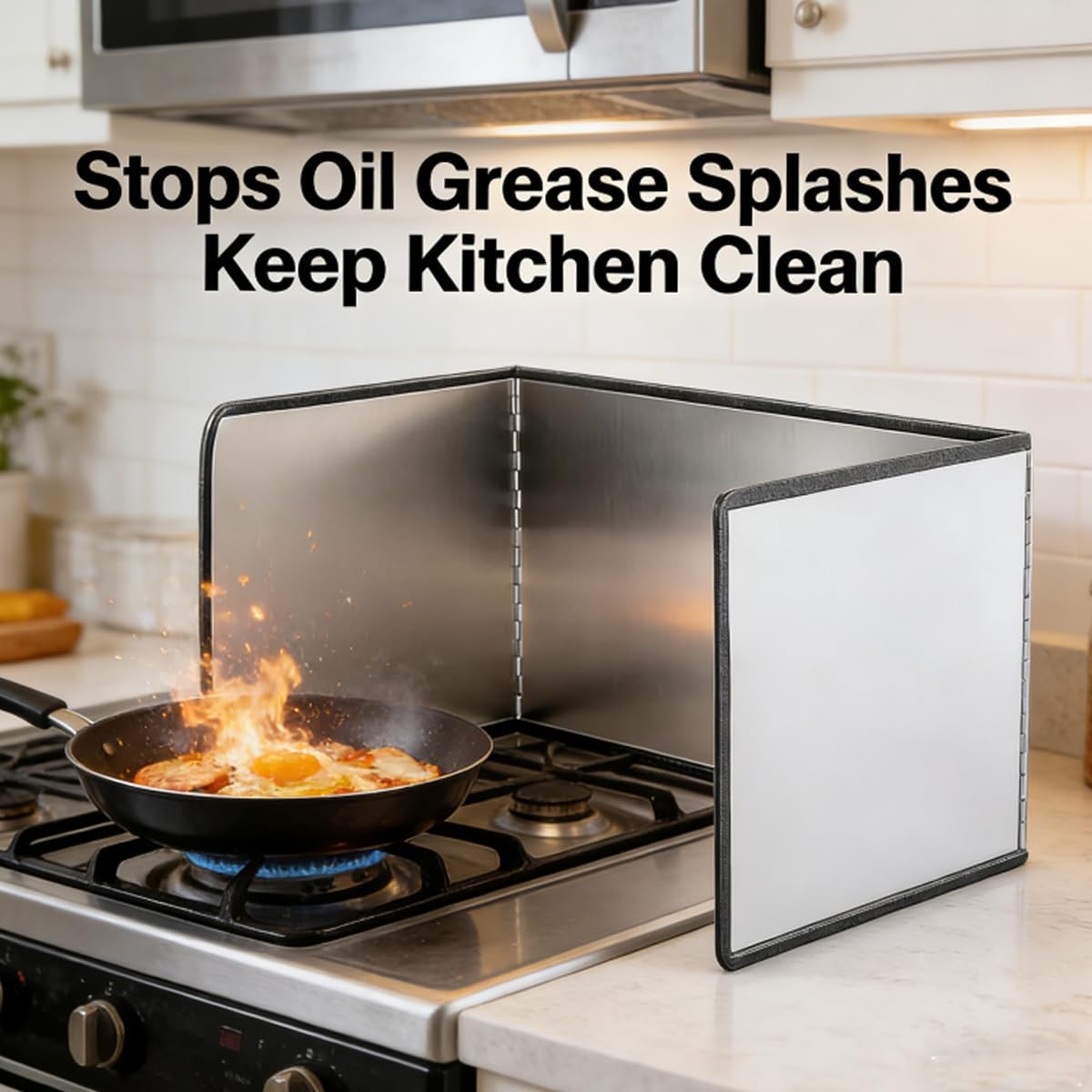 3-Sided Stainless Steel Grease Splatter Guard for Frying Pan | Block oil splashes efficiently, frees kitchen stoves, easy fold storage, fit daily home cooking