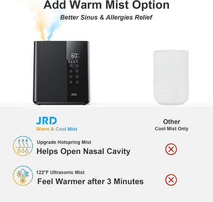 JRD Warm & Cool Mist Humidifiers for Bedroom 5L, Quiet Ultrasonic Air Humidifier Fast Symptom Relief, 50H Runtime, Oil Diffuser, 12H Timer, 7 Color Light for Large Room, Office, Baby, Plants-Black