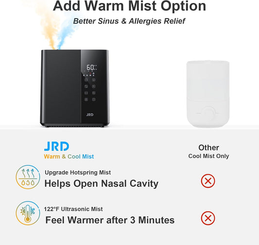 JRD Warm & Cool Mist Humidifiers for Bedroom 5L, Quiet Ultrasonic Air Humidifier Fast Symptom Relief, 50H Runtime, Oil Diffuser, 12H Timer, 7 Color Light for Large Room, Office, Baby, Plants-Black