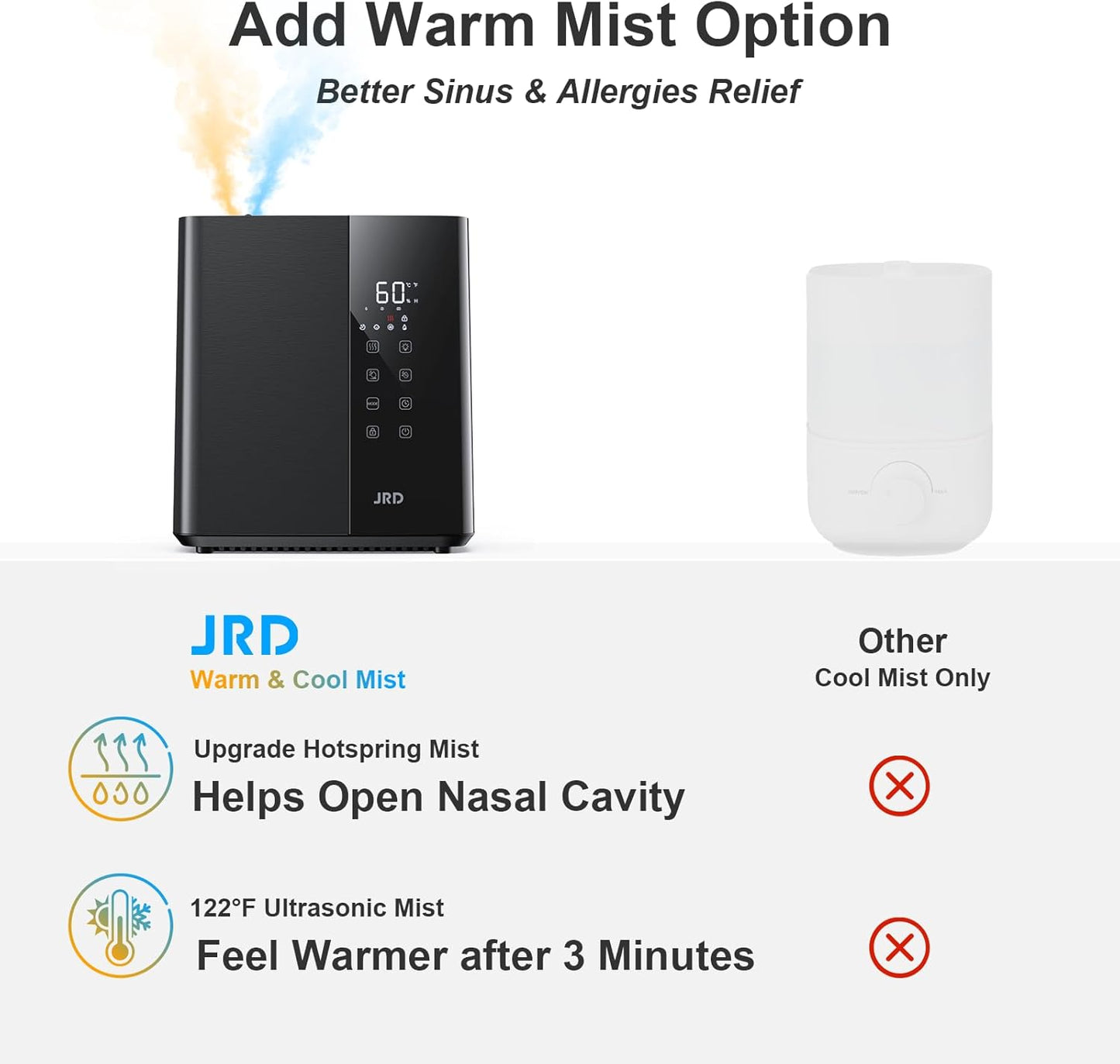 JRD Humidifiers for Bedroom, Ultrasonic Humidifier 4L for Large Room, Cool Mist Top-Fill, 40H Run, 12H Timer, 360° Nozzle, Aroma Diffuser, 7-Color Night Light for Home, Office, Baby-White