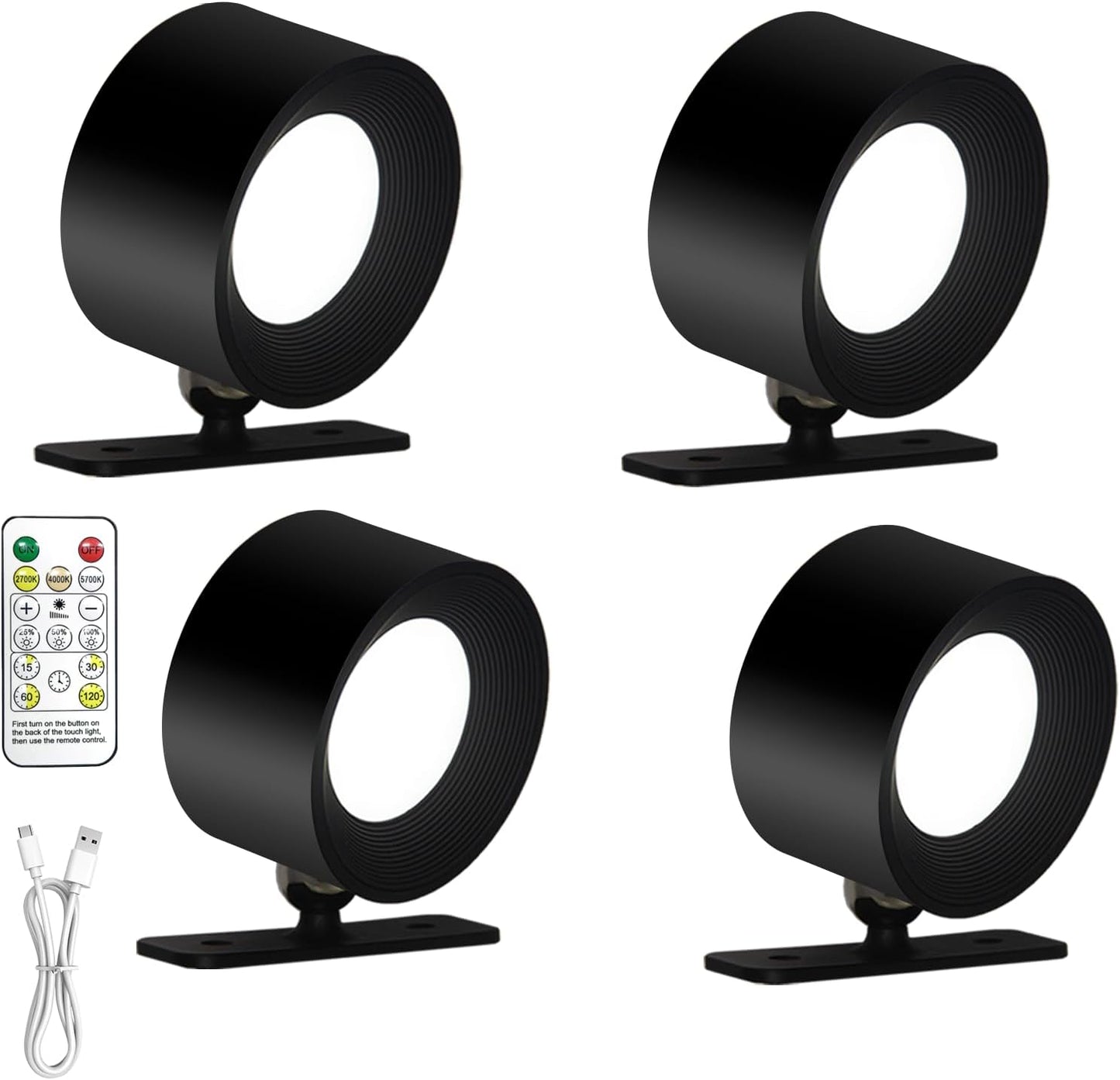 Rechargeable Wall Sconce with Remote & Touch, 360° Rotatable Battery Operated Wall Lights, 3-Color Dimmable, No Drill Adhesive, Ultra Long Battery for Bedroom Reading（White-4PC）