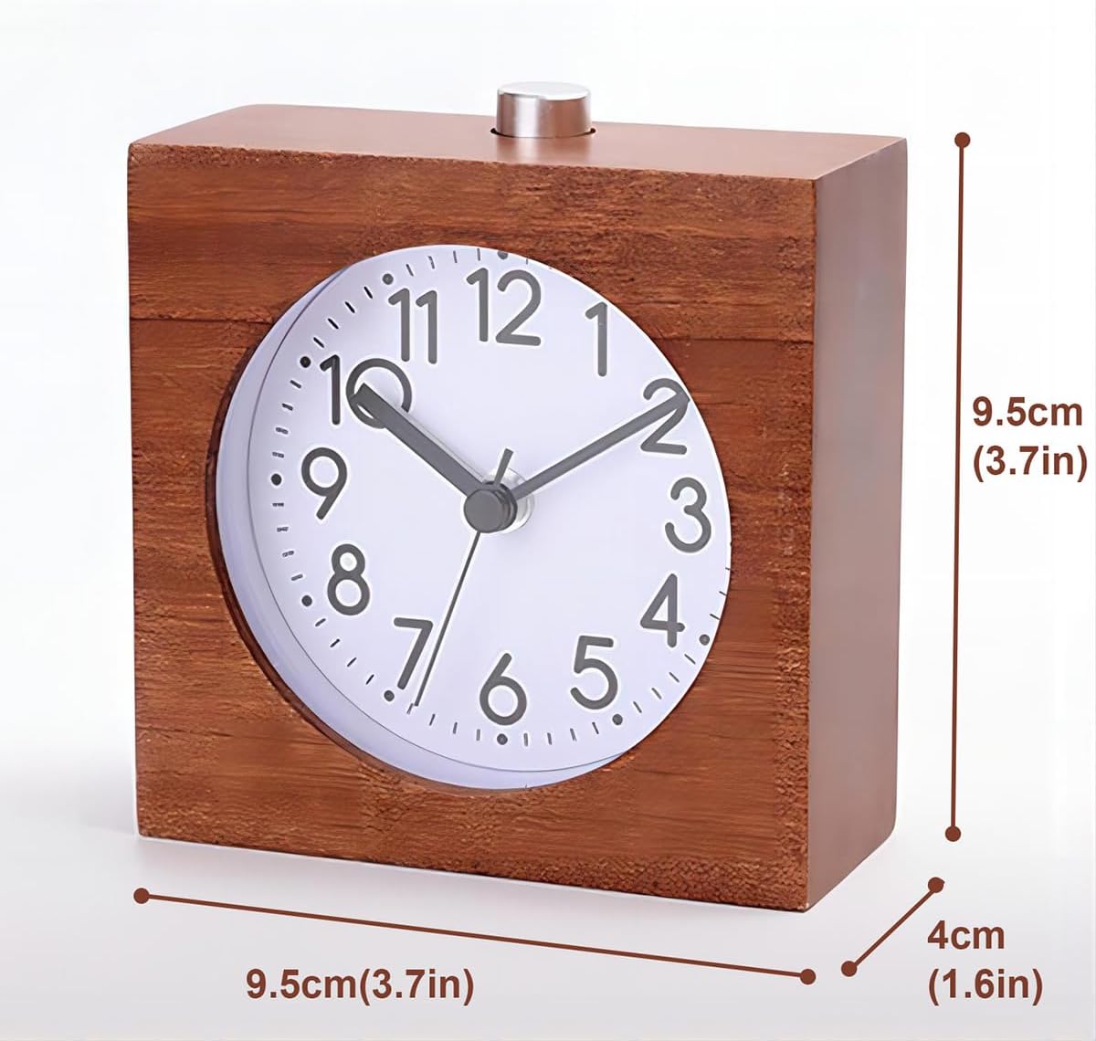 Wooden Analog Alarm Clock Silent Battery Operated with Night Light