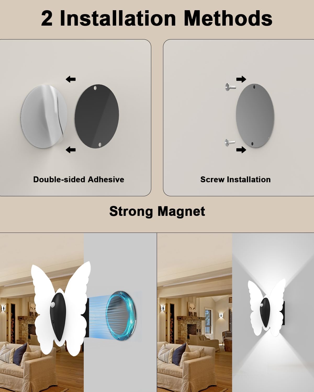 Eneru Motion Sensor Wall Sconce Set of 2, Rechargeable Wall Lights, Indoor