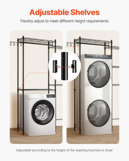 VEVOR Over the Washer and Dryer Storage Shelf, 5 Tier Laundry Room Drying Rack with Hanger Rod and Hooks, Adjustable Over Washer and Dryer Shelves, Laundry Room Shelf Storage Space Saver, White