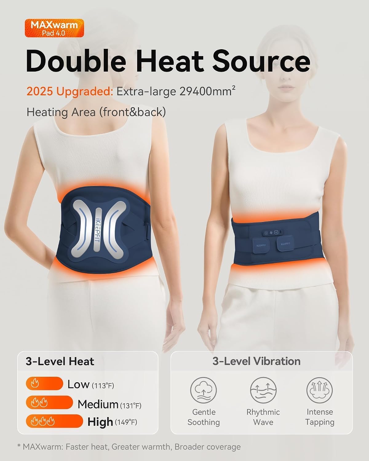 IKEEPFIT Portable Heating Pad for Back, Cordless Wearable Heat Belt with Massager for Lower Back Pain Relief, Battery Powered 8000 mAh Rechargeable, MAXwarm® 3.0, Gift for Women Men 90-310 lbs