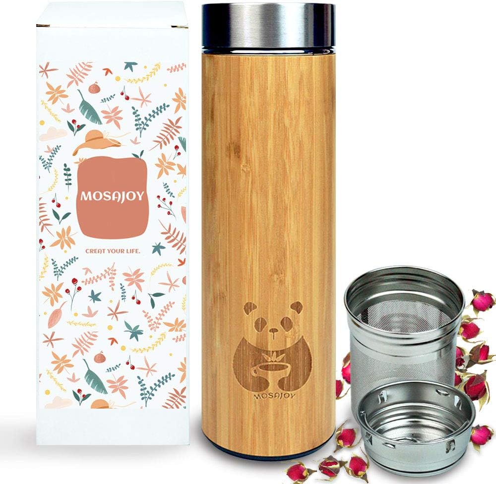 Tea Bottle Bamboo Tumbler with Infuser BPA Free Double Wall Glass Travel Tea Mug with Stainless Steel Filter | Leakproof Tea Bottle with Strainer For Loose Leaf Tea and Fruit Water 17 Ounce