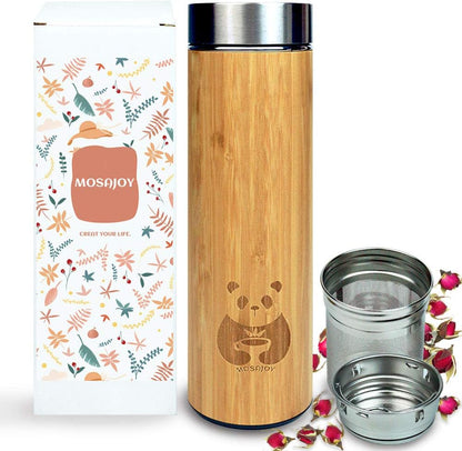 Tea Bottle Bamboo Tumbler with Infuser BPA Free Double Wall Glass Travel Tea Mug with Stainless Steel Filter | Leakproof Tea Bottle with Strainer For Loose Leaf Tea and Fruit Water 17 Ounce