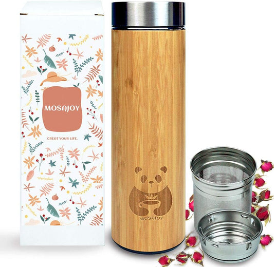 Tea Bottle Bamboo Tumbler with Infuser BPA Free Double Wall Glass Travel Tea Mug with Stainless Steel Filter | Leakproof Tea Bottle with Strainer For Loose Leaf Tea and Fruit Water 17 Ounce