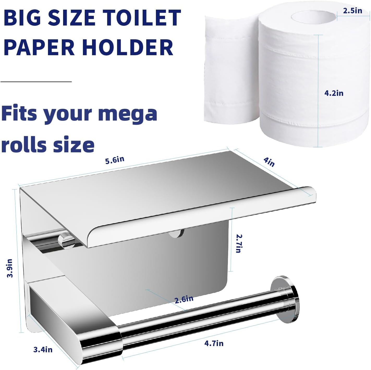 GLNLQ Matte Black Toilet Paper Holder with Shelf, Fits Mega Rolls Size | Adhesive or Screw-in, Waterproof and Rustproof Stainless Steel, Wall Mount Design, Modern Stylish Design, for Bathroom, RV