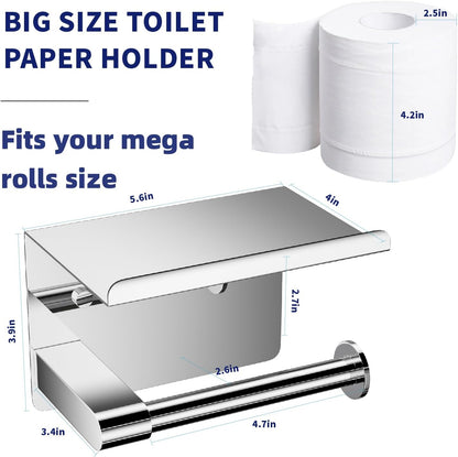 GLNLQ Matte Black Toilet Paper Holder with Shelf, Fits Mega Rolls Size | Adhesive or Screw-in, Waterproof and Rustproof Stainless Steel, Wall Mount Design, Modern Stylish Design, for Bathroom, RV