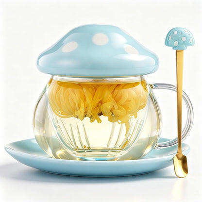 Mushroom Tea Cup Set, Cute Cups Glass Tea Cups with Infuser and Lid, Kawaii Teacup for Loose Leaf Tea Steeper, Coffee Mugs with Saucers, Blooming Tea, Tea Maker Gifts for Women Girls Birthday (Pink)