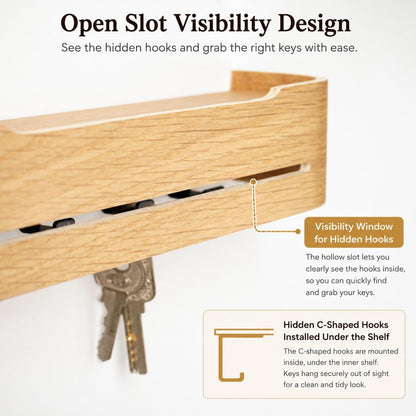 Key Holder Wall Mount with 5 Hidden Hooks Minimalis Key Hanger Rack Wood Modern Hollow Key Hook Mail Organizer Tray Shelf Home Decor for Entryway Furniture