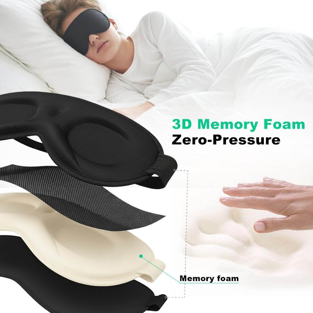 3D Sleep Mask for Side Sleepers, Blackout & Zero Pressure - Breathable Memory Foam, Adjustable Strap - for Travel, Yoga & Meditation Black